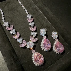 Women Pink Flower Drop Gemstone Necklace 18K Gold Plated Zircon Earrings Set