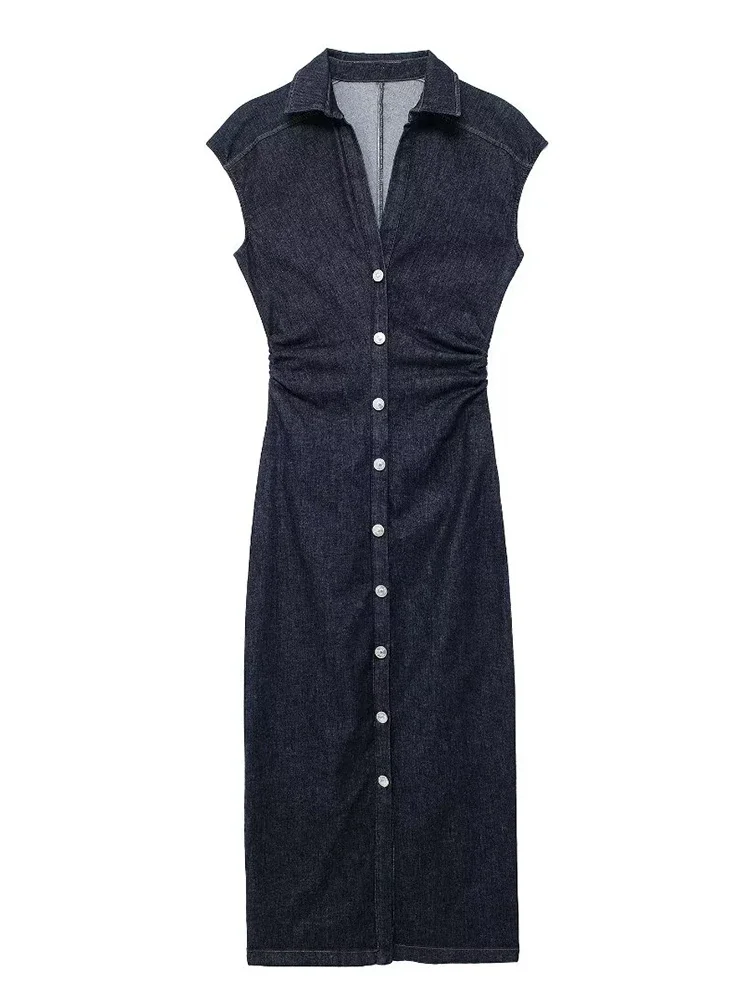 Women's denim dress vintage lapel shirt Office Ms. single-breasted A word Europe and the United States wind minstrel Slim