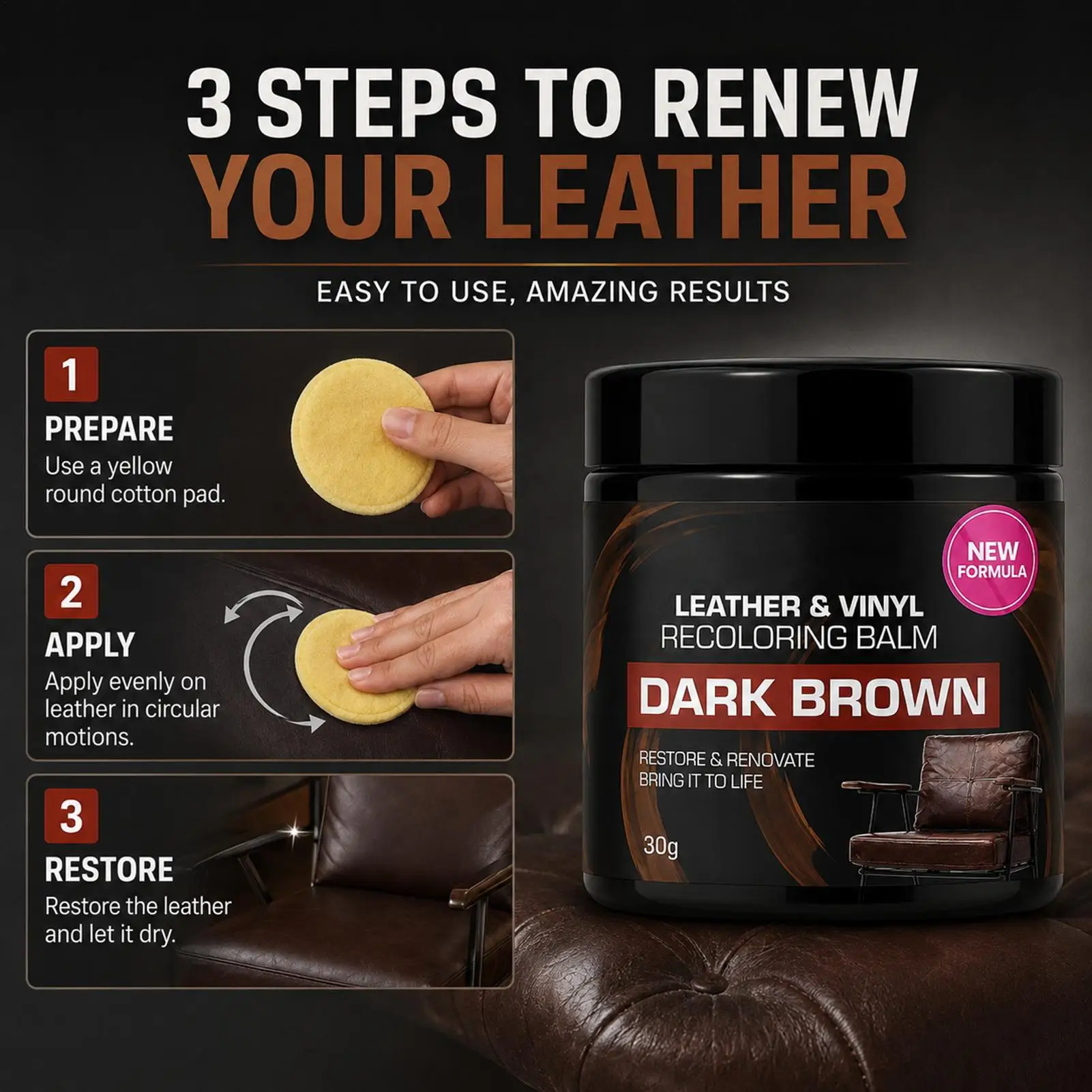 30g Leather Restoration Cream, Dark Brown Restorer & UV Protection Paint for Sofa, Chairs & Car Interior Leather Repair Care Kit