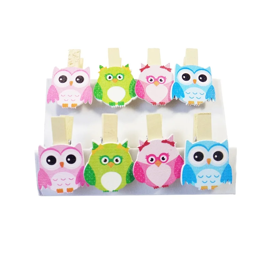 8pcs Kwaii Owl Mini Wood Paper Clips Bookmark For Album leave Message Natural Wooden Clips Craft Decoration Clips Pegs