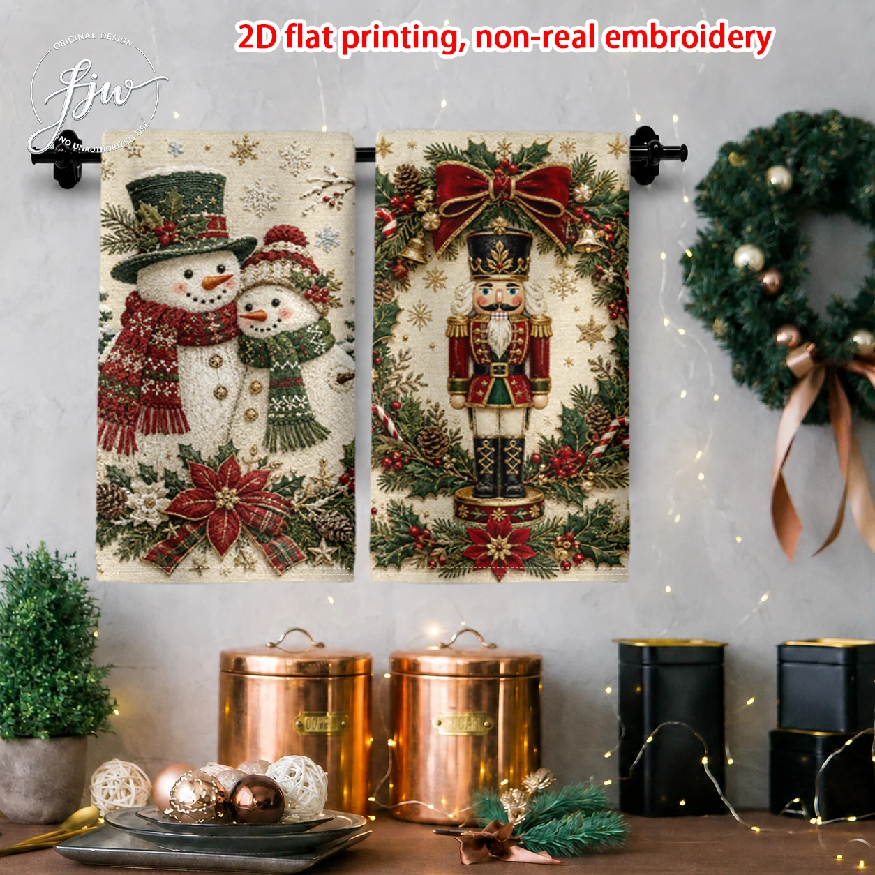 2pcs Christmas Kitchen Towels Set of 2 Vintage Xmas Snowman Nutcracker Holiday Decorative Dish Towels for Winter Home Decor
