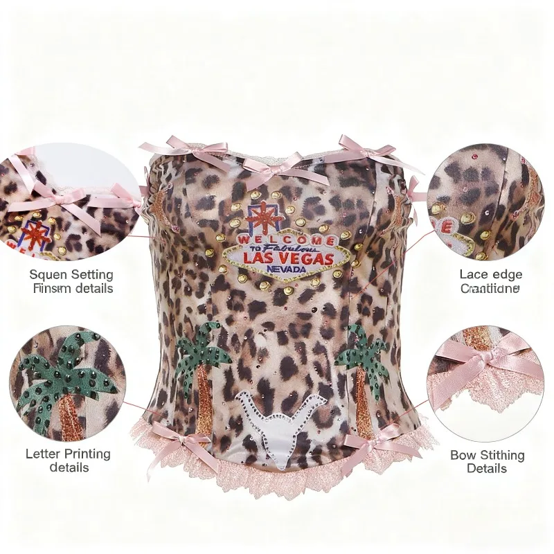 Leopard Print Las Vegas Corset Top Women's Pink Bow Embellished Bustier with Rhinestones Y2K Party Clubwear