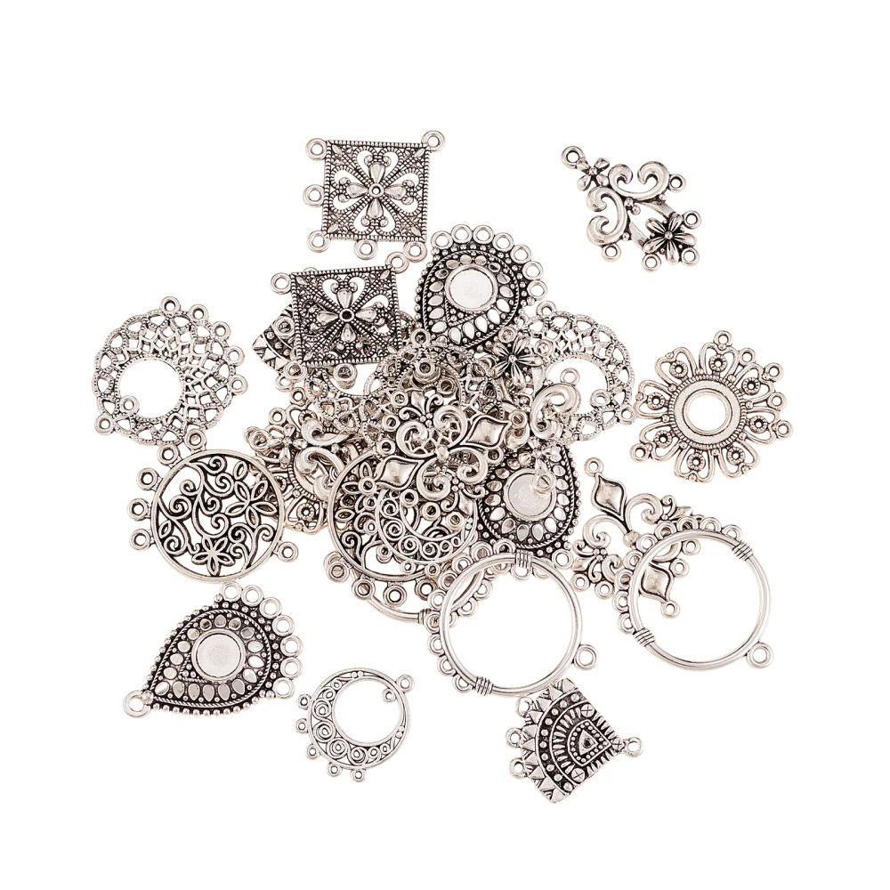 60pcs Mixed Styles Chandelier Charms Vintage Flower Shape Tibetan Connectors Antique Silver Filigree for Jewelry Making Earrings