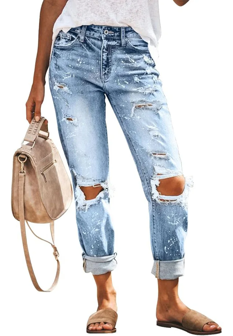 

Fashionable wash light blue snowflake point ripped design for women's low stretch slim straight jeans