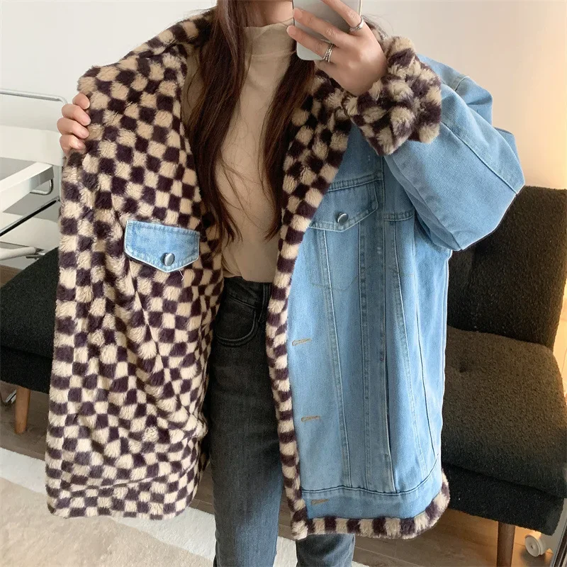 Leopard Print Korean Fashion Reversible Lambswool Jacket Loose Thickened Solid Color Denim Top Parkas Winter Jacket for Women