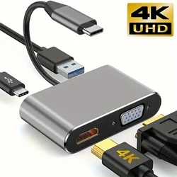 4-in-1 Type C Adapter Hub To HDMI VGA USB 3.0 Digital AV Multiport Adapter With TYPE-C PD Charging Port Compatible