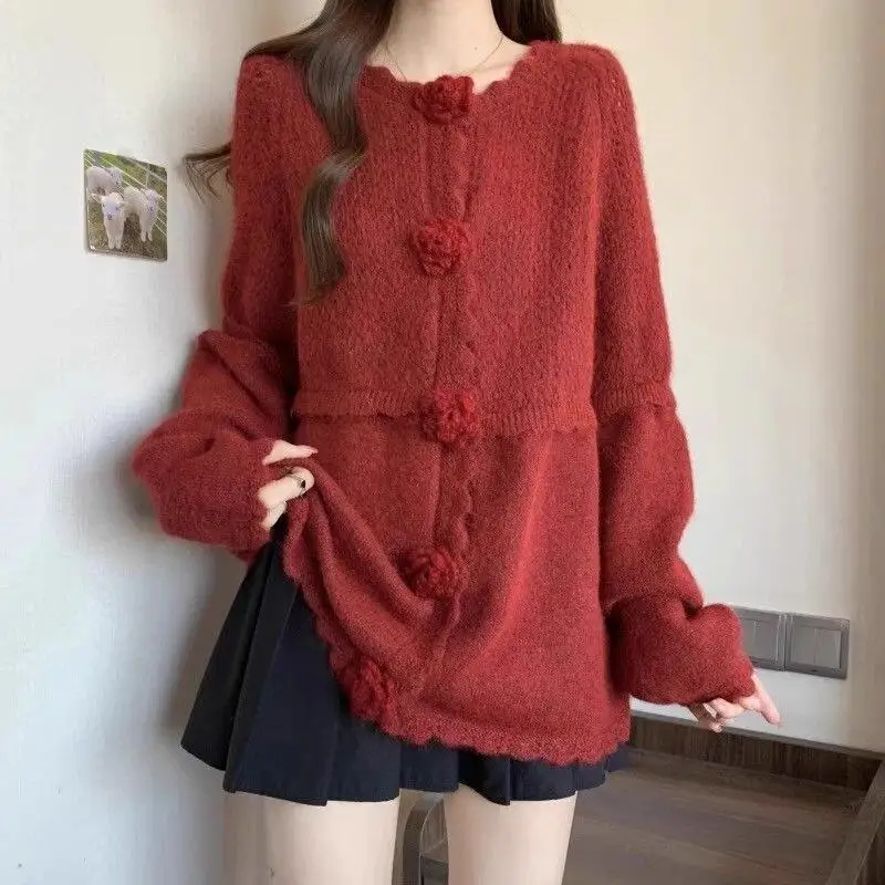 

New Chinese Style Set Red Flower Knit Cardigan Pleated Skirt Loose Design Sense New Year Sweater Coat Cute Kawaii Fashion