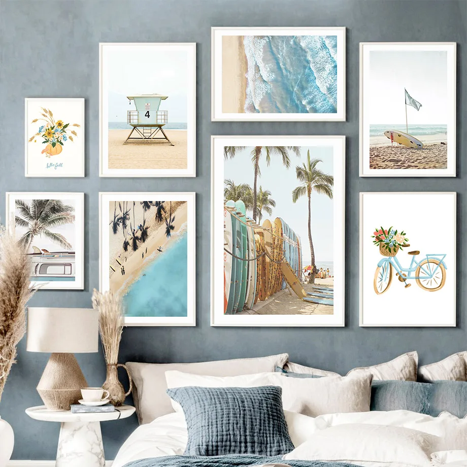 Coastal Beach Wall Art Summer Surf Canvas Prints Neutral Palm Tree Ocean Posters Lifeguard Tower Surfboard Living Bedroom Decor