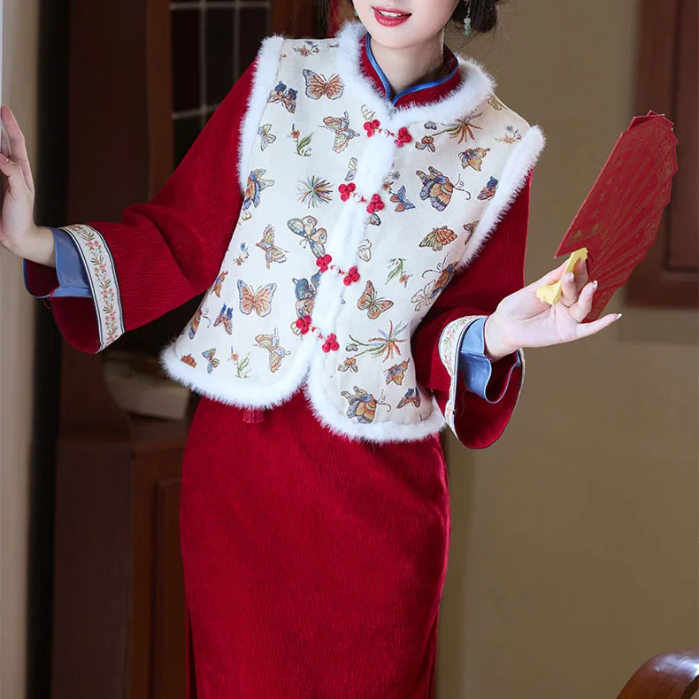 النمط الصيني السنة الجديدة مهرجان الربيع Chesongam الأحمر سميكة تشيباو فراشة طباعة سترة المرأة الخريف الشتاء فستان هانفو Vestidos #1
