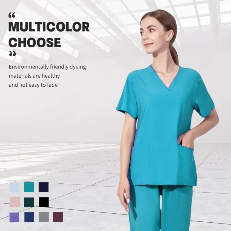 Mulheres cor sólida v-Neck Scrubs conjuntos, vestido cirúrgico, corredores de bolso, conjuntos de uniforme hospitalar, Ternos de moda por atacado