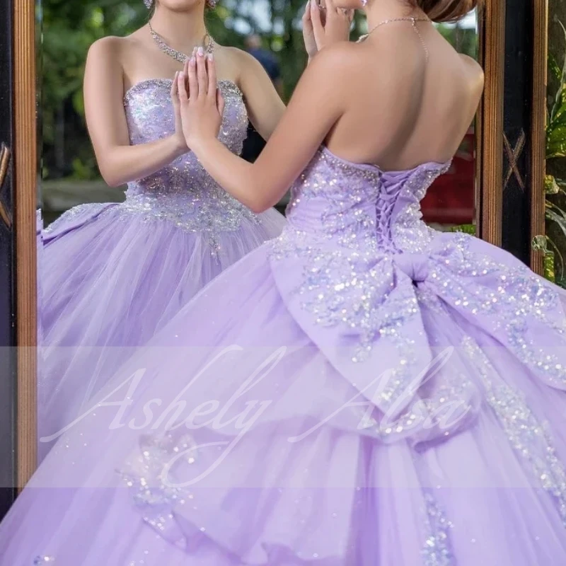 Luxury Lavender Shiny Quinceanera Dresses Lace Appliques Off the Shoulder Princess Ball Gown Prom Dancing Dres For Sweet 16 Girl