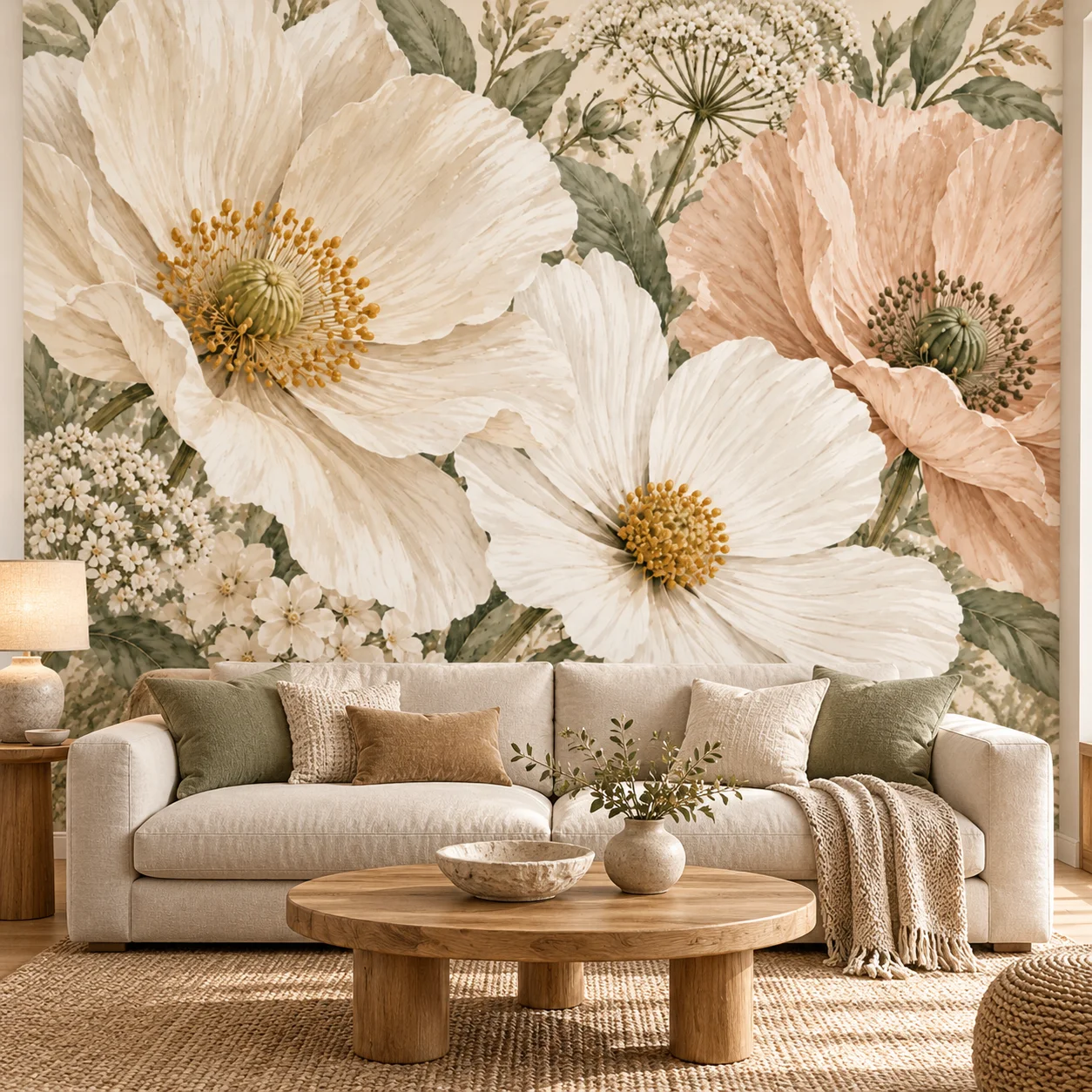 Floral Wall Mural Oversized Cream Poppy Flowers Vintage Botanical Wallpaper for Living Room Bedroom Wall Decor Non Self Adhesive
