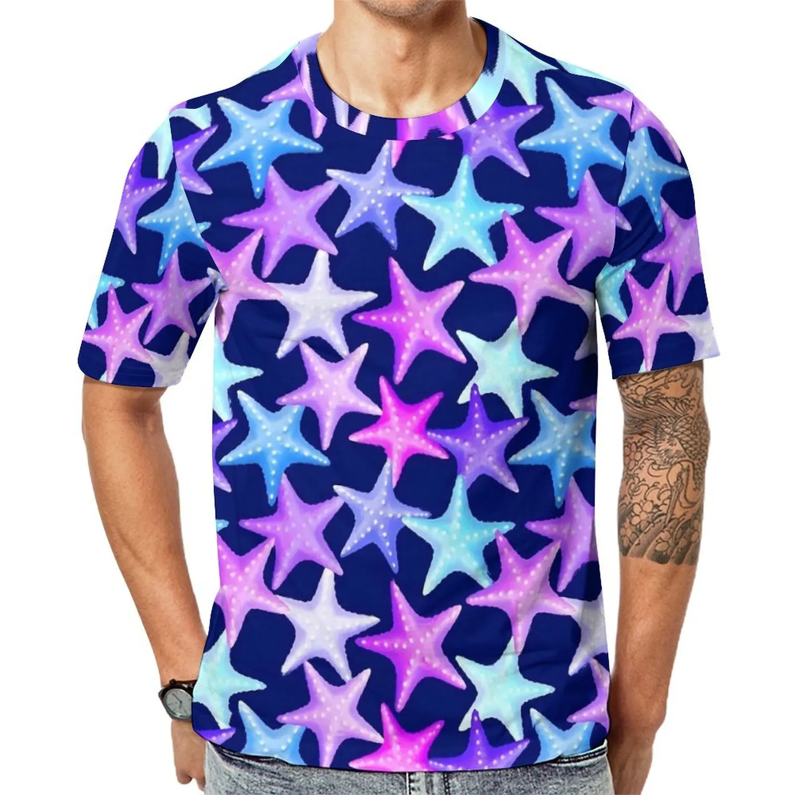 Pastel Starfish T-Shirt For Man Multicolor Animal O Neck T-Shirts Trending Clothes Short-Sleeve Classic Plus Size Tee Shirt