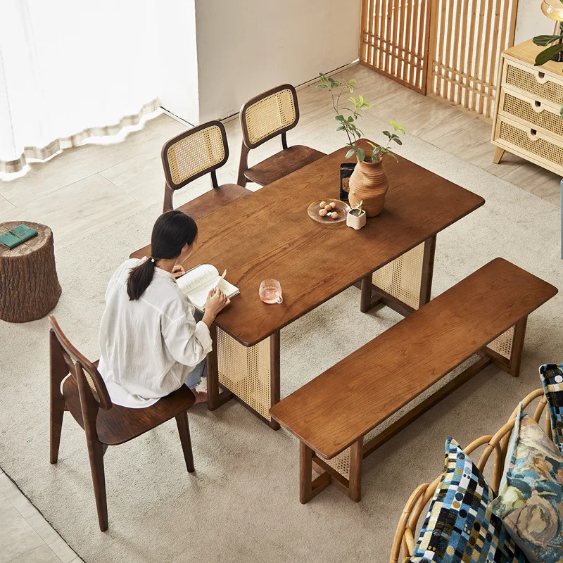 

Customizable Japanese dining table ash wood rattan dining table and chair combination retro simple bench chair walnut solid wood