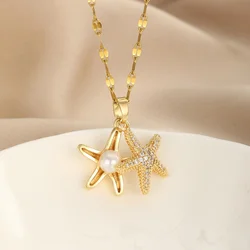 Stylish and Attractive 【Titanium Steel】 Necklace with Copper Micro-inlay, Featuring Starfish Pendant and Zircon