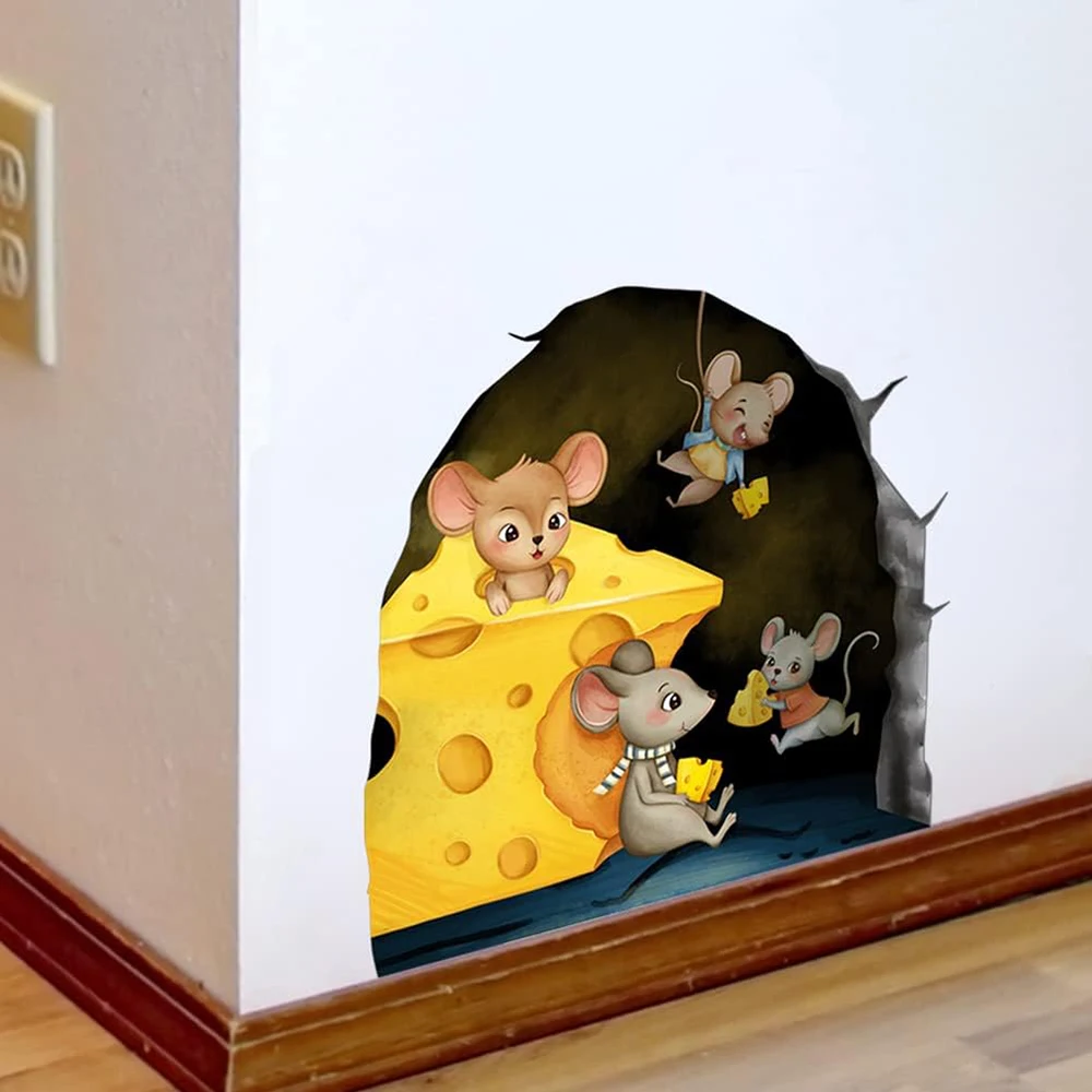 Cartoon Mouse Hole Mouse Eating Cheese Wall Sticker Decal Kitchen Living Room Home Decor