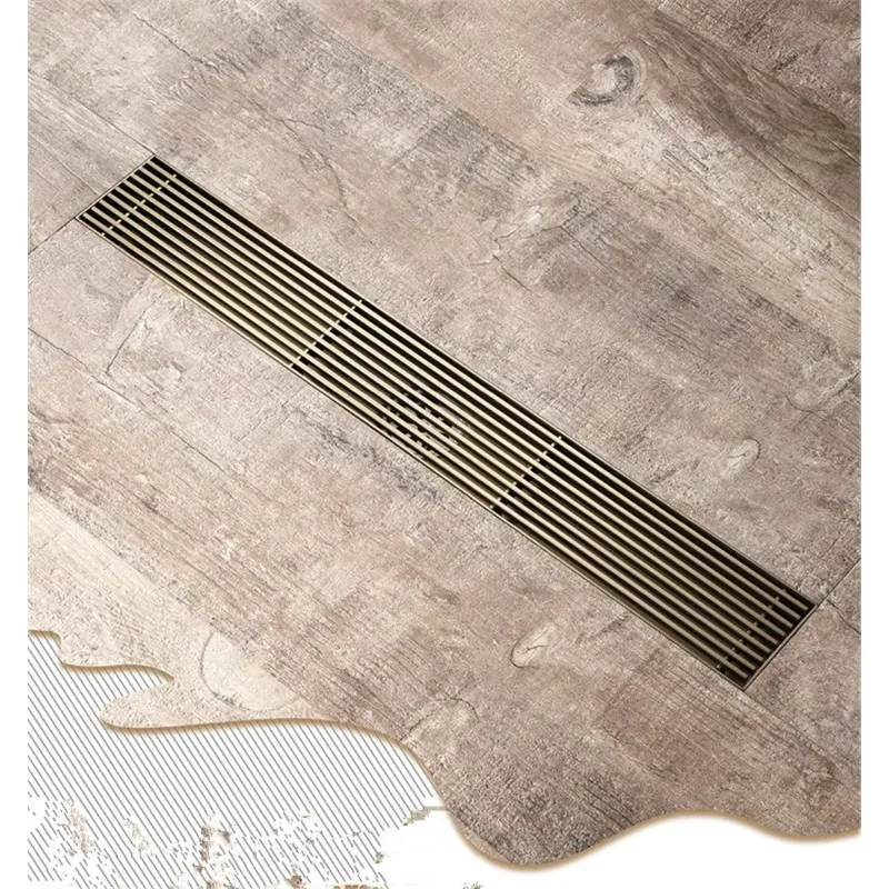 60cm Rose Gold SUS304 Linear Floor Drain, Gray Deodorant Shower Drain with Cleaning Brush, Bathroom Water Drain Strainer