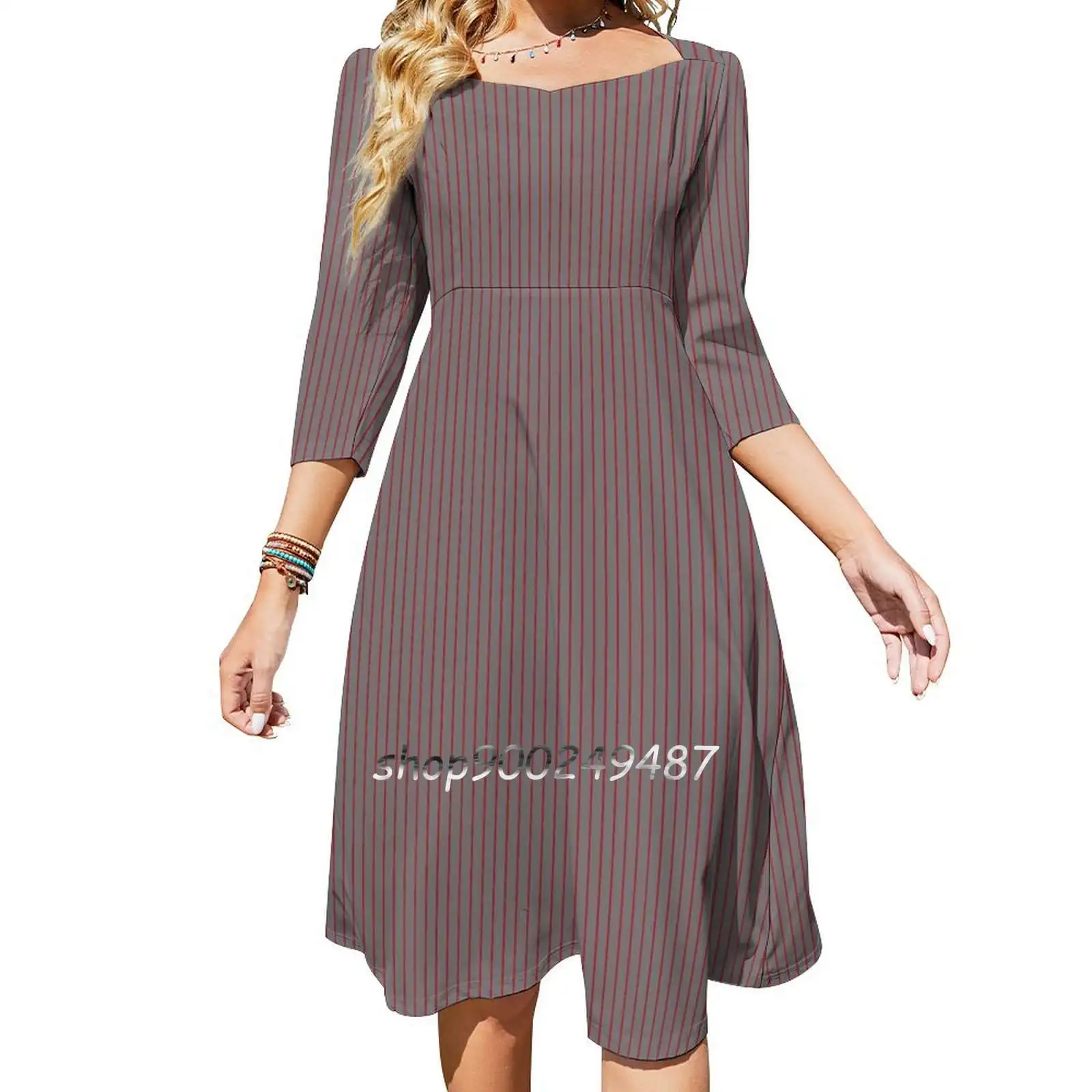 Gray With Red Pinstripes Sweetheart Knot Flared Dress Fashion Design Large Size Loose Dress Gray And Red Grey And Red Red And