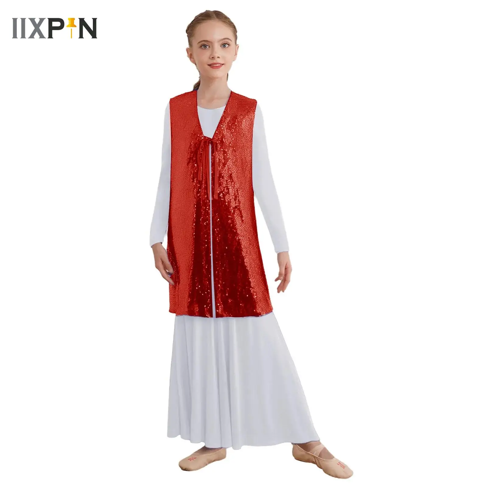 

Kids Girls Liturgical Worship Praise Ballet Lyrical Dance Tunic Dresses+Vest Outfits Sequins Lyrical Contemporary Dance Costume