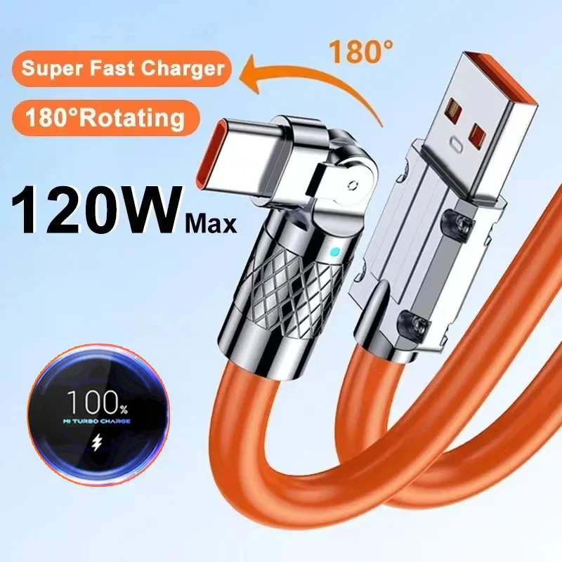 120w 6A Fast Charge Usb Type C Data Cable 180 Degree Rotating Gaming Elbow Cable For Xiaomi Mobile Phone Charger Usb Data Cable