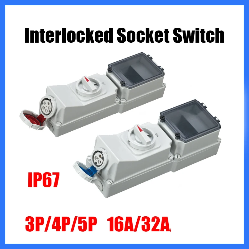 IP67 Industrial Mechanical interlocking Socket 16A 32A Waterproof Interlocked Socket With Swithch with Din  Install Guide Rail