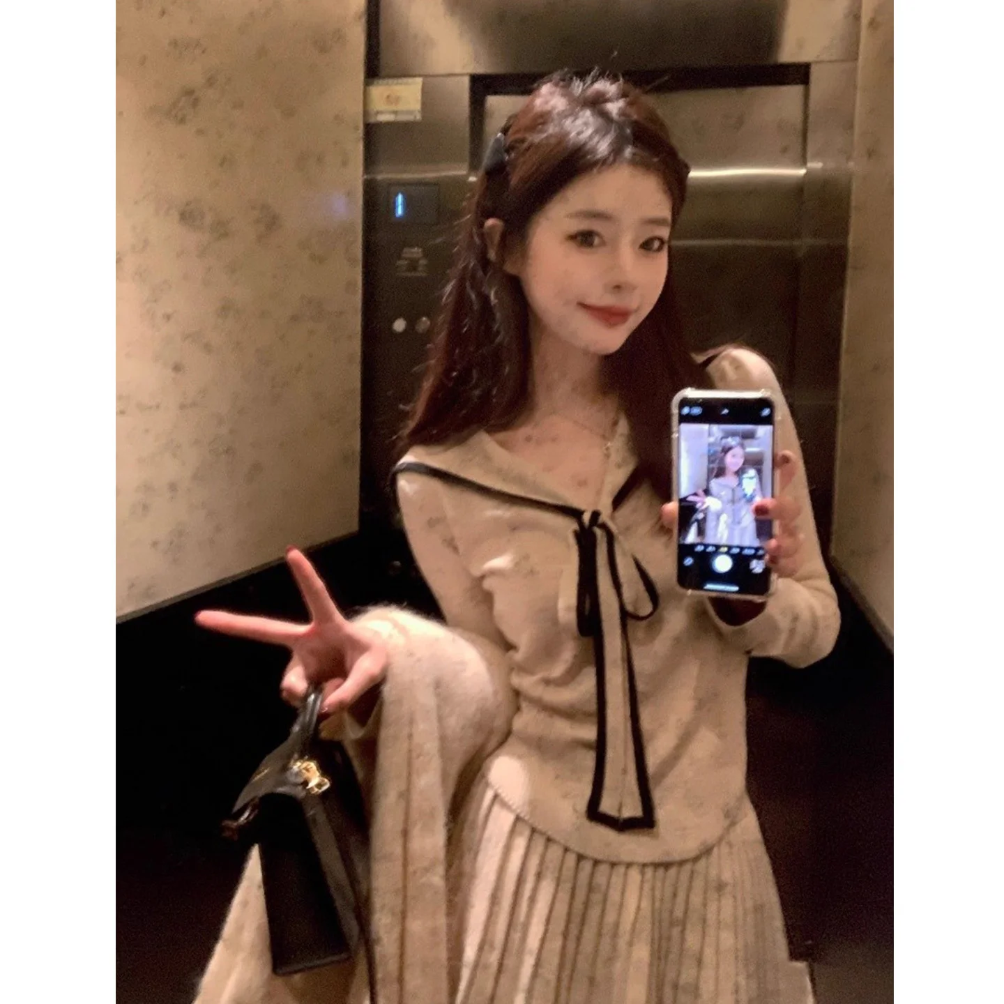 Original High Quality Korean Style Navy Collar Belted Knit Top And Half Skirt Two-Piece Set for Women Casual Sportswear