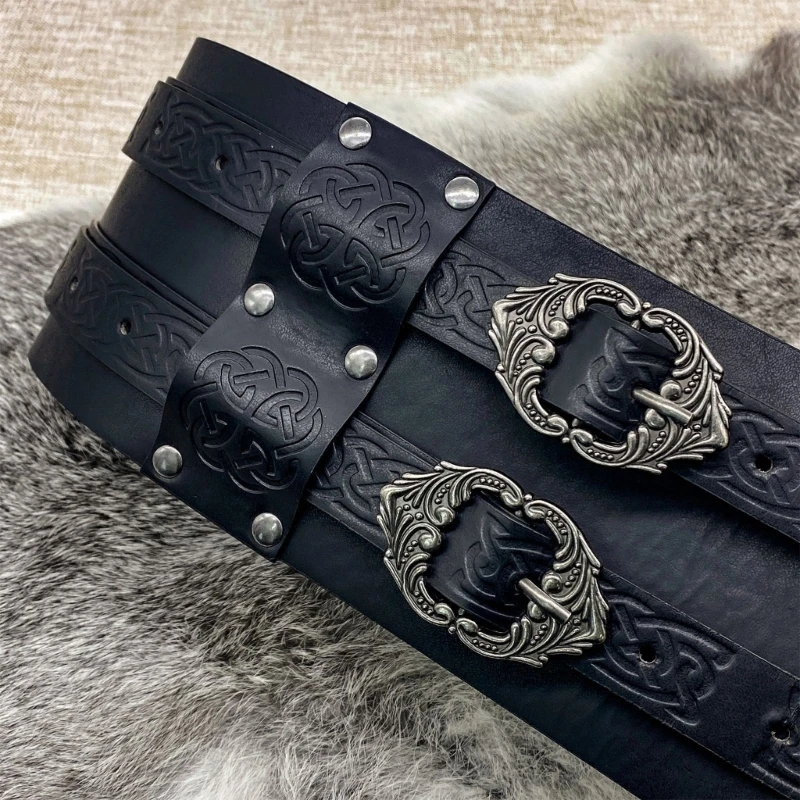 Embossed PU Leather Belt Renassance Medieval Buckle Belt Wide Belt Norse Cosplay Belt Halloween Men Costume