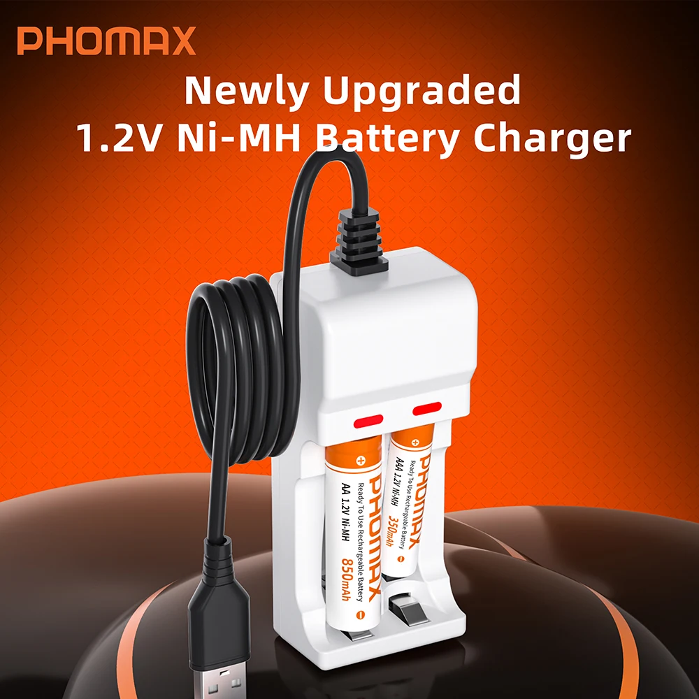 PHOMAX Rechargeable Batteries & 2-Slot Charger 1.2V AA 850mAh AAA 350mAh Ni-MH Battery For Solar Lamp LED Flashlight Lantern Toy