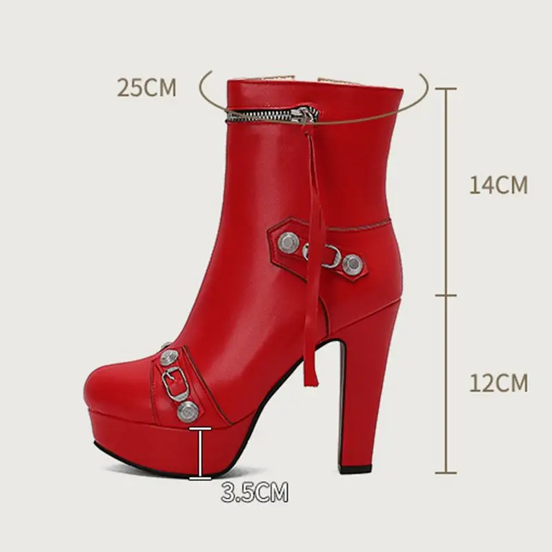 SIMLOVEYO Female Ankle Boots Round Toe Block Heels 12cm Platfrom Decoration Big Size 48 49 50 Party Bota