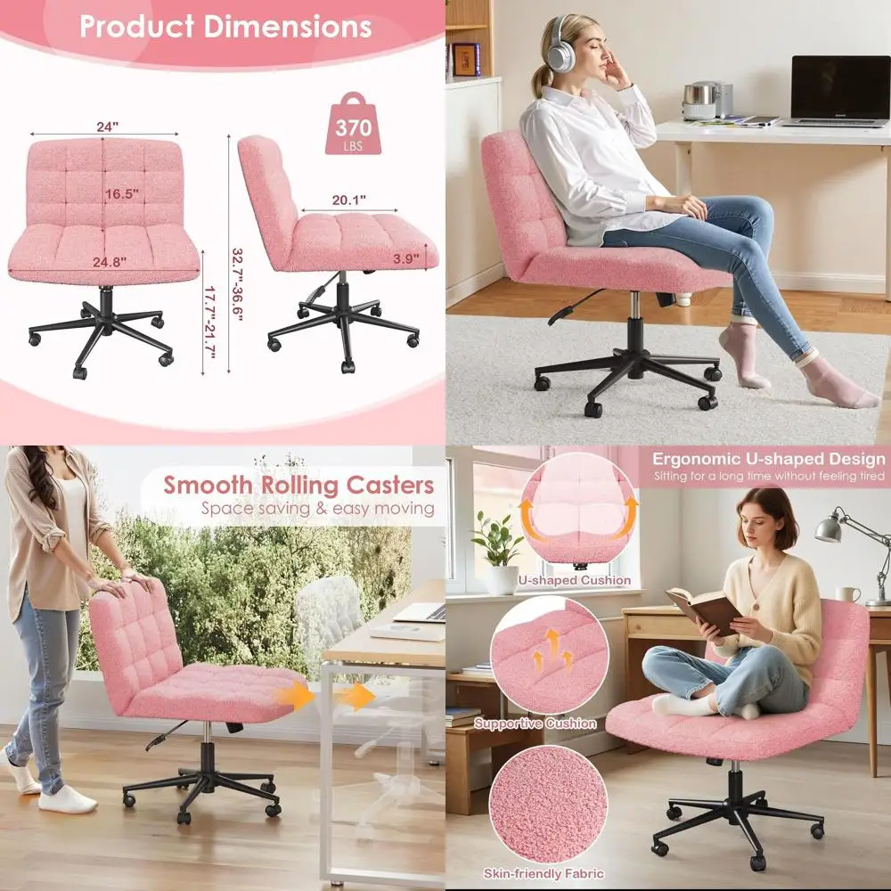 

Adjustable Height Swivel Chair with Sherpa Fleece Cushion, Pink, for Home Office and Bedroom