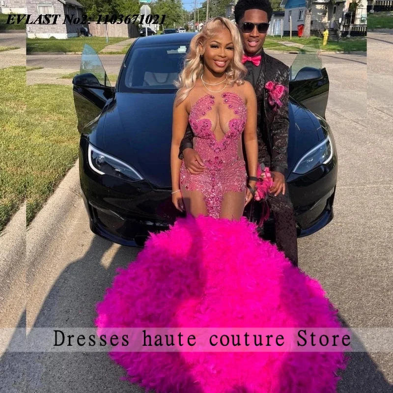 تخصيص 2026 مشرق الوردي حورية البحر الماس فستان الحفلة الراقصة الفتيات السود حجر الراين مطرز ريشة فستان حفلة عيد ميلاد الأفريقية #1