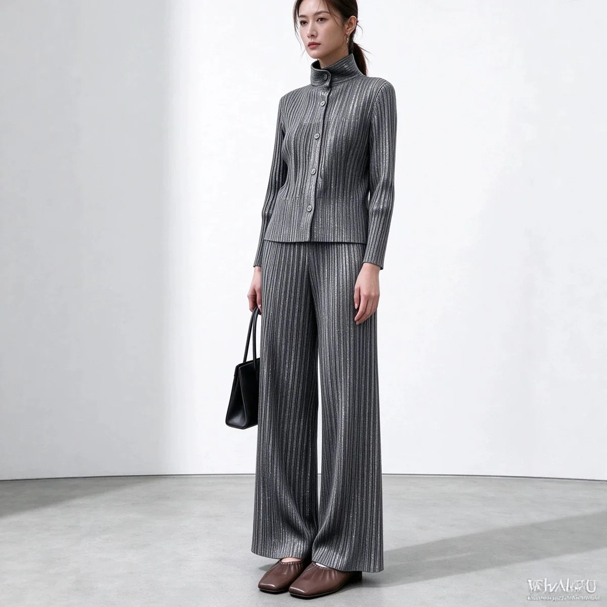 Miyake Women Ribbed Two Piece Set, High Neck Button Top, Shimmer Stripe Wide Leg Pants, Elegant Suit, Autumn Matching Outfit