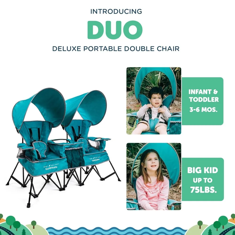 كرسي أطفال محمول بمقعد مزدوج - للاستخدام الداخلي/الخارجي - أزرق مخضر