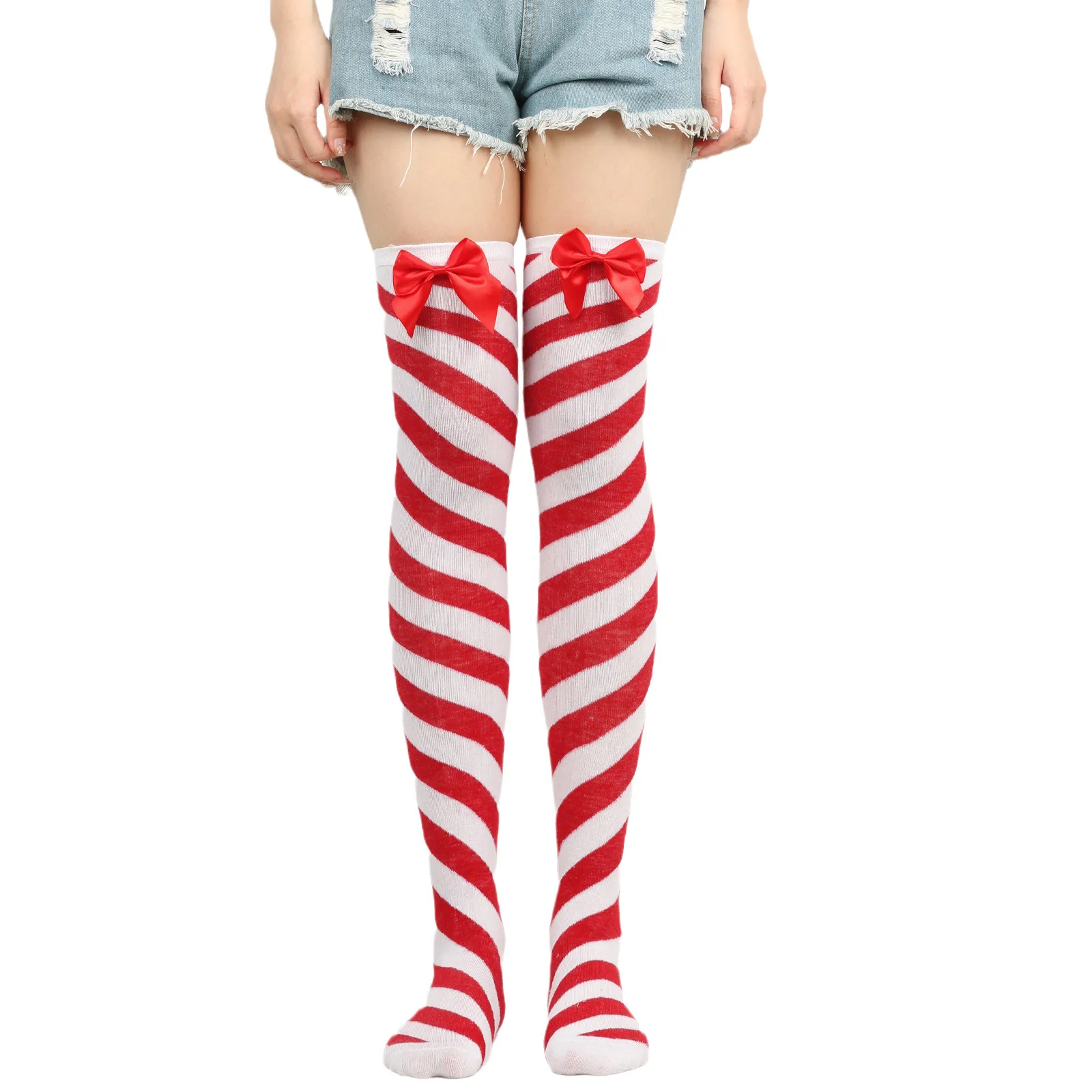 Candy Cane Holiday Christmas Thigh High Stockings Over Knee Costume Stockings for Women Girl