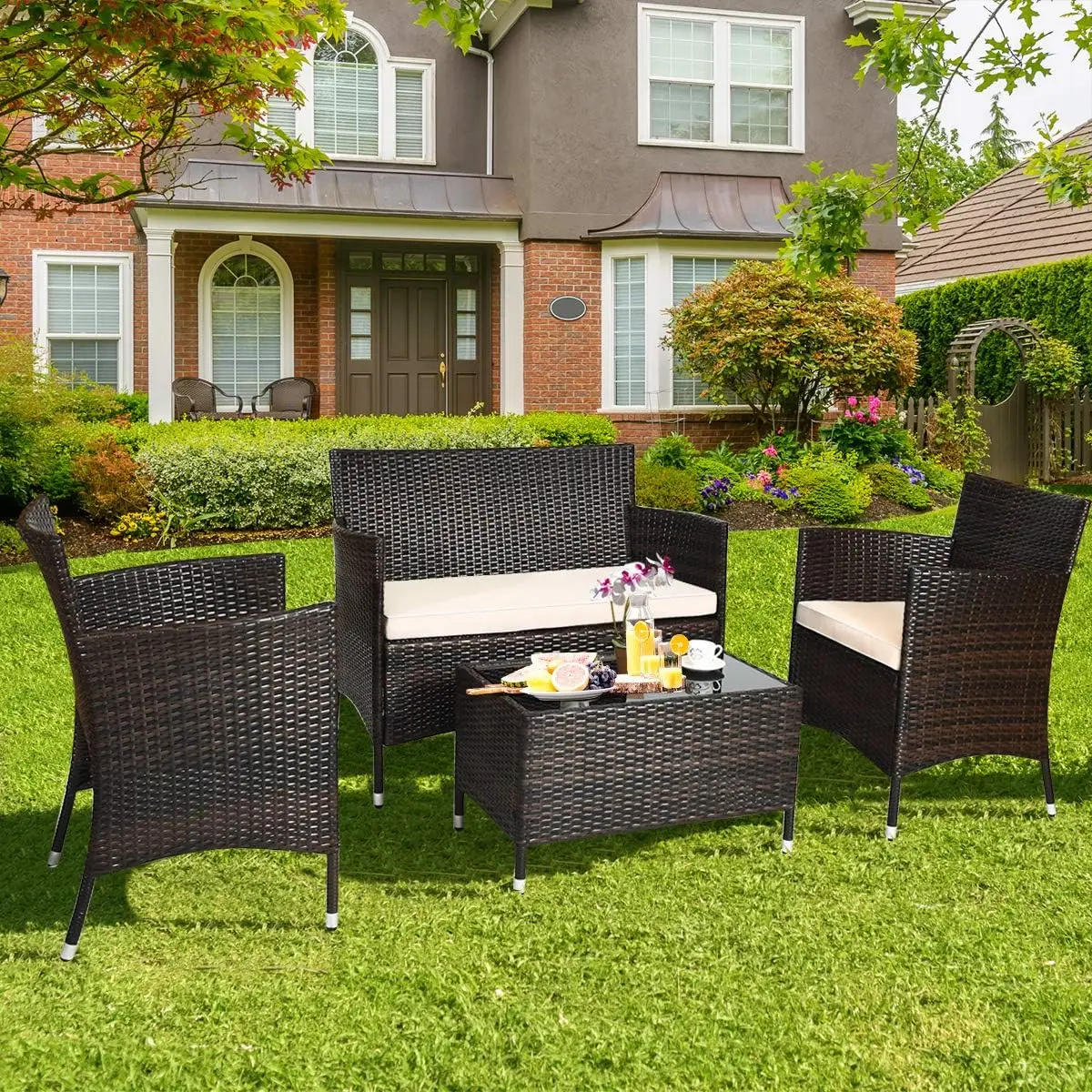 8PCS Patio Rattan Conversation Set, Outdoor Wicker Set with Tempered Glass Coffee Table &Thick Cushion, Rattan Chair Wicker Set
