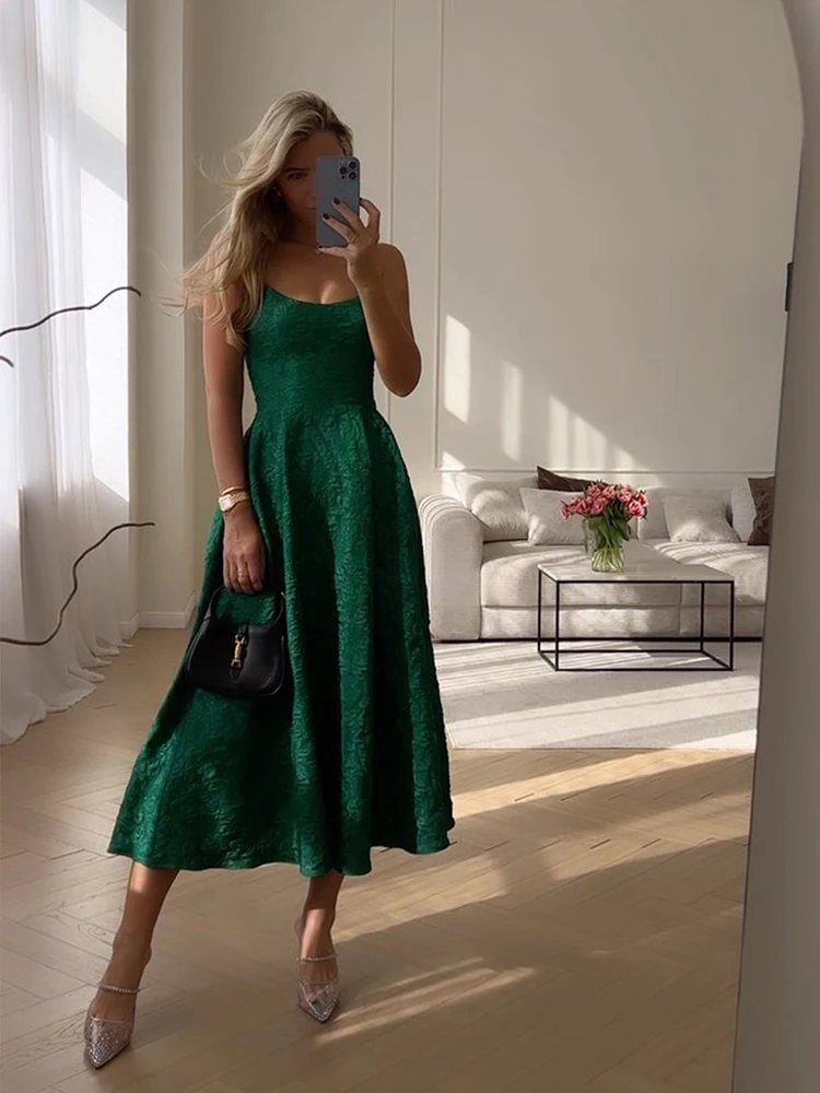 Elegant Green Big Swing Strap Dresses Spring Women Wrinkled Sleeveless Loose Dress Summer High Waist Knee Length Camisole Dress