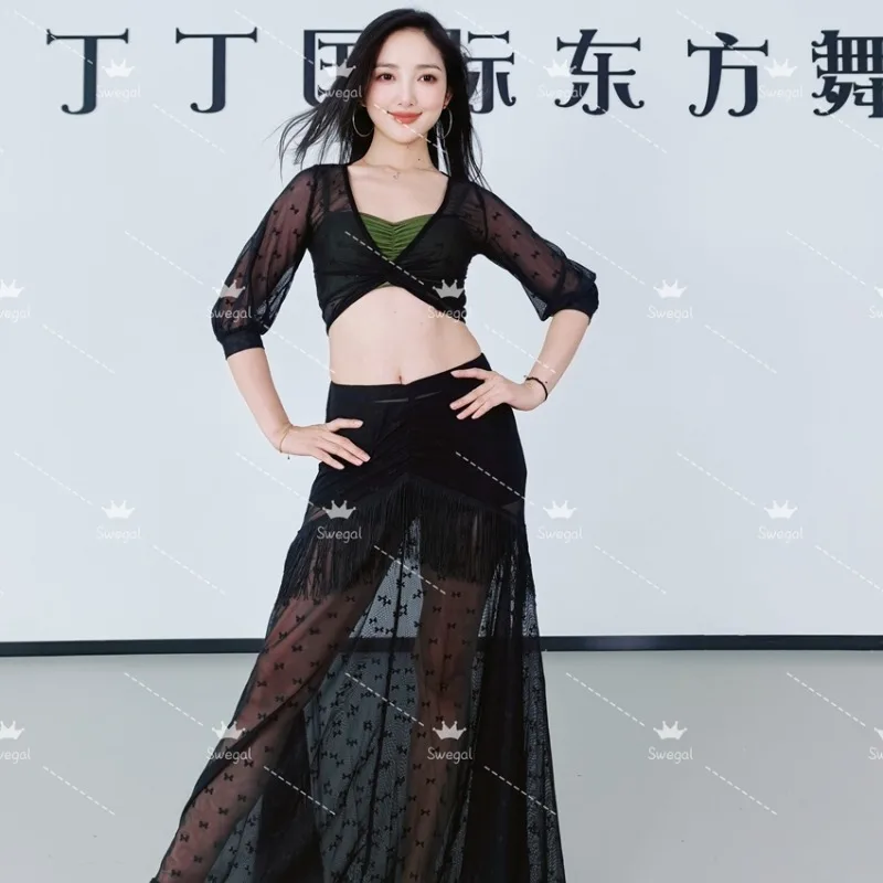 Customized Swegal Belly Dance Costumes Practice Dress Oriental Dance Black Small Bow Mesh Tassel Skirt Set Micro Transparent