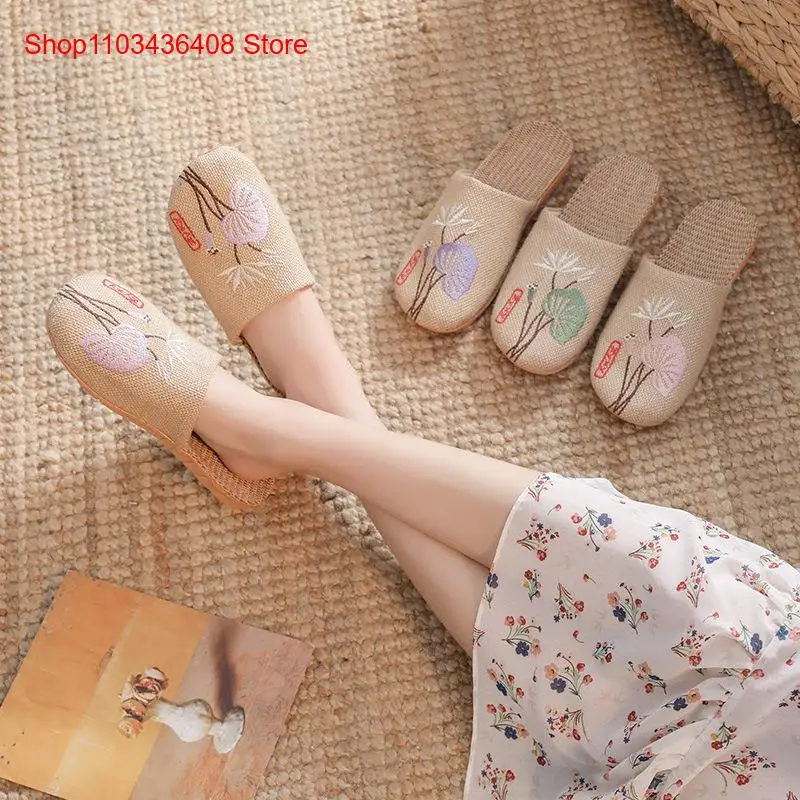 Lady Linen Slippers Men Women Baotou Cotton Linen Thick Bottom Embroidered Comfortable Couple Sweat Absorbing Floor Home