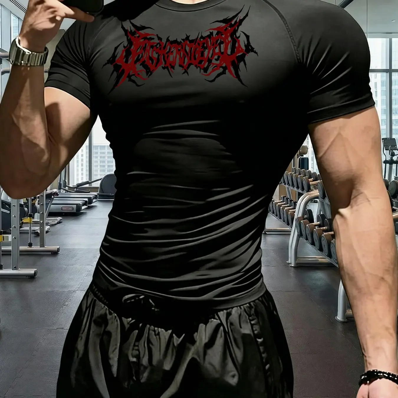 All Season Fitness Bodysuits with Short Sleeves for Men, Featuring Gothic Tribal Style Prints and High Elasticity, Breathable Fi