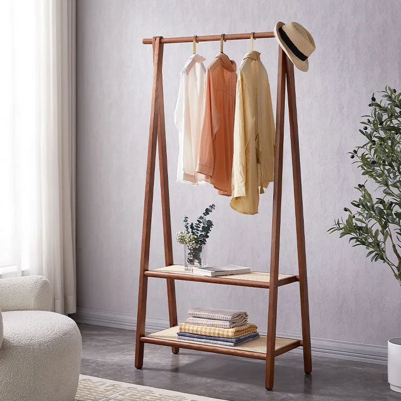 American Style Solid Wood Walnut Real Rattan Freestanding Coat Rack for Home Bedroom Homestay