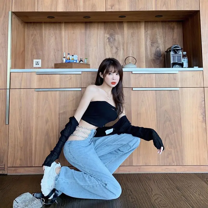 Design Sense Chain High Waist Hollow Out Sexy Loose Straight Tube Jeans Women's Spring Korean Spicy Girl Wide Leg Pants Trend