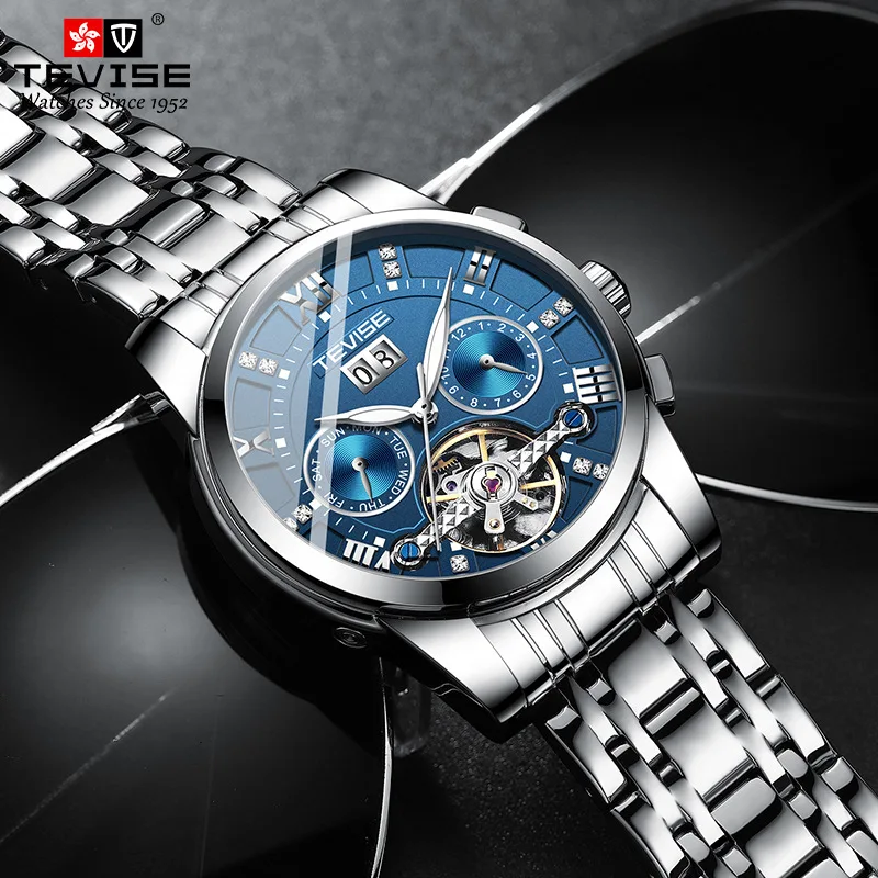 

TEVISE Watch for Men Automatic Mechanical Waterproof Stainless Steel Calendar Week Skeleton Business Wristwatch