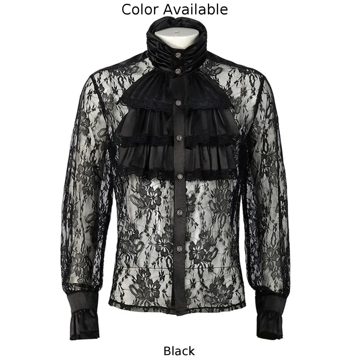 Men\'s Lace Floral Vintage Shirts And Blouses Solid Black Gothic Long Puff Sleeves Victorian Medieval Ruffle Collar Shirt Tops