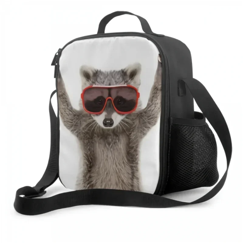 

Portrait Of A Funny Raccoon In Sunglasses Insulating Thermal Lunch Bags for Kids Boys Girls Washable Tote Lunch Container