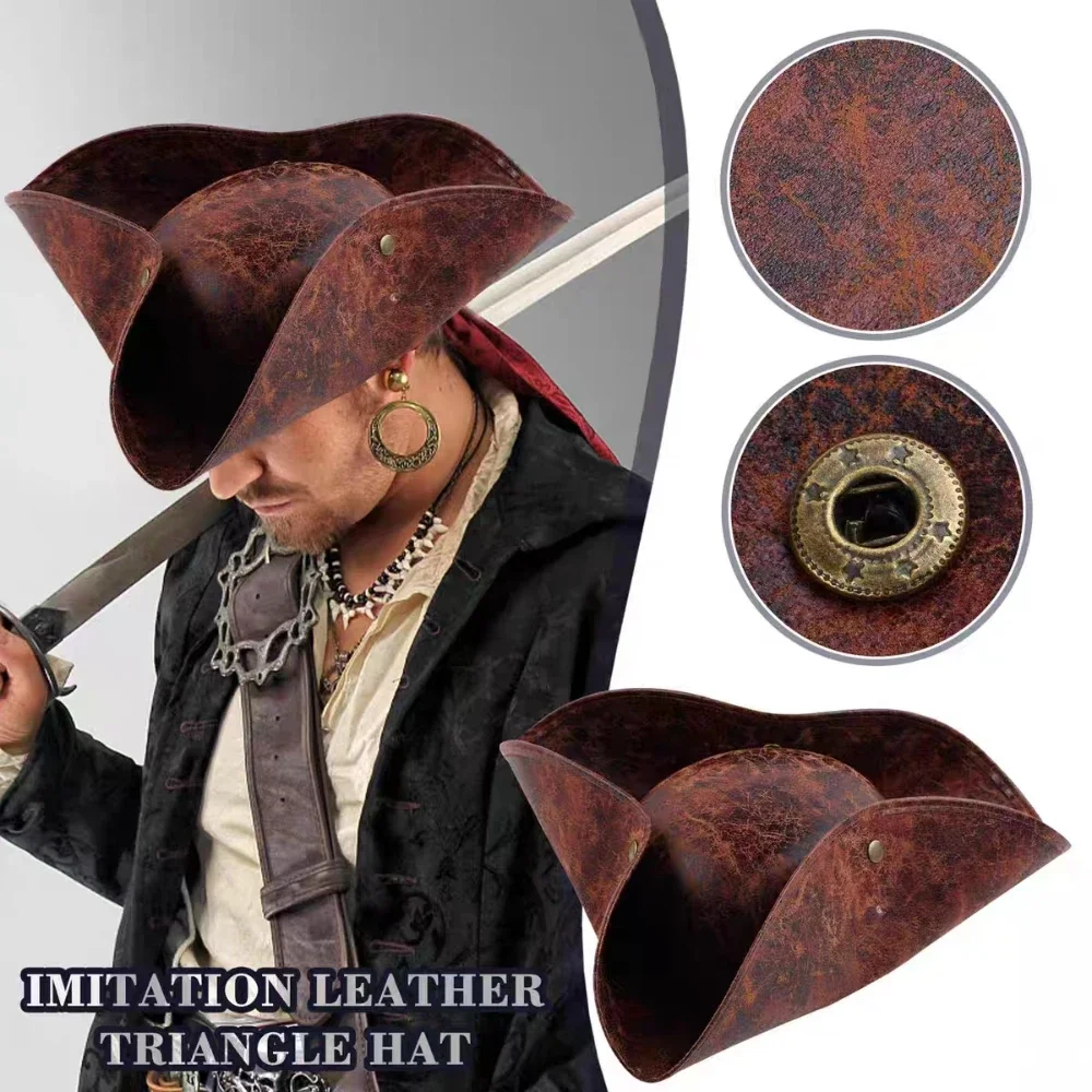 Movie Pirates of The Caribbean Brown Tricorn Pirate Hat Masquerade Party Dress Up Faux Leather Medieval European Pirate Hats