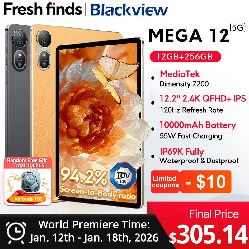 【Мировая премьера】Blackview MEGA 12 Планшет 5G 12,2 дюйма 2,4 К 120 Гц Размер дисплея 7200 Процессор IP69K Водонепроницаемый 50 МП 10000 мАч Pad ПК