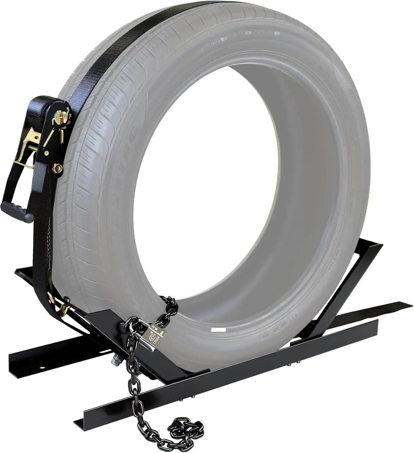 Adjustable Semi-Truck Spare Tire Rack with Ratchet Strap Chain, Black, Durable and Easy to Install