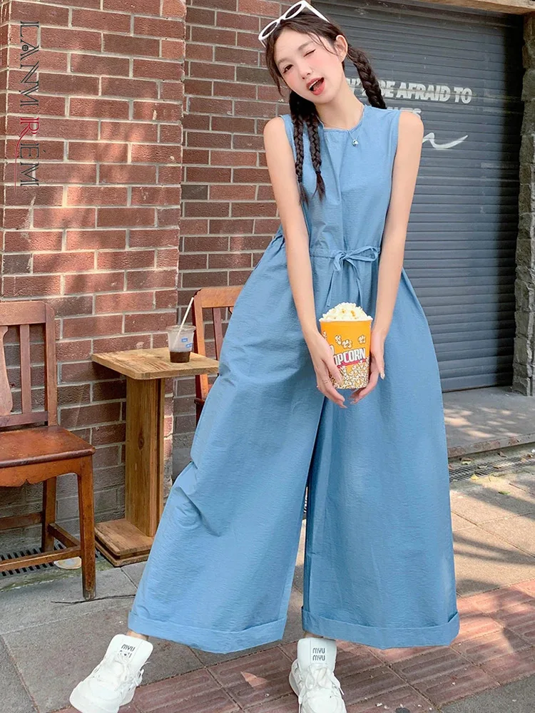 LANMREM Fashion Wide Leg Jumpsuit Women O-neck Sleeveless Soldi Color Drawstring Gathered Waist Jumpsuits 2024 Summer New 2Z2214