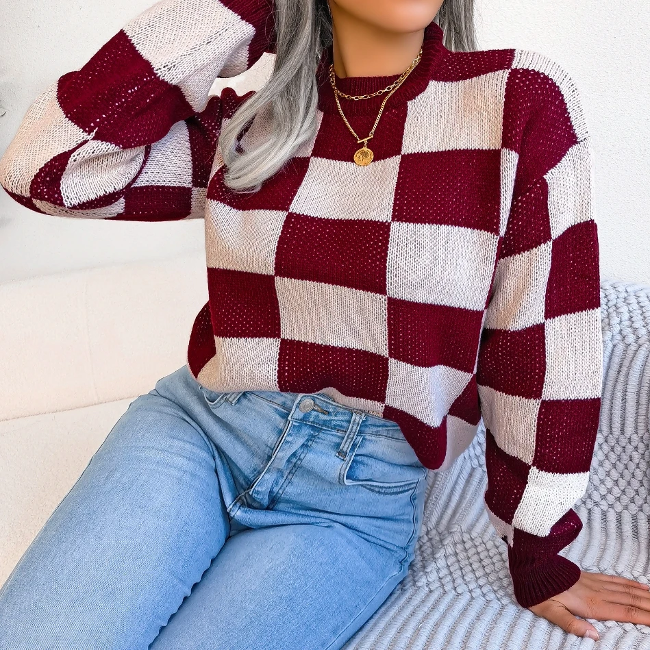 Women's Sweater Tops Casual 2024 Winter Street Trendy Contrasting Plaid Long Sleeved Pullover Round Neck Knitted Sweater