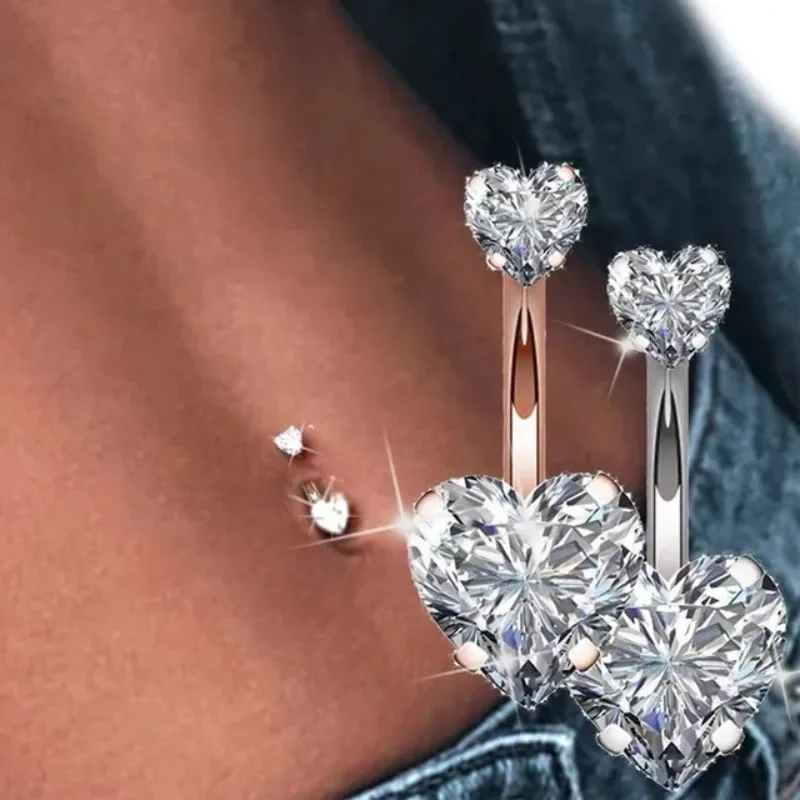 Zircon Heart Belly Button Rings for Women Nombril Ombligo Navel Ring Surgical Steel Barbell Crystal Round Body Piercing Jewelry